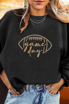 Black Rugby Game Day Embroidered Corduroy Sweatshirt LC25319896-2