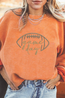 Orange Rugby Game Day Embroidered Corduroy Sweatshirt LC25319896-2014
