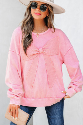 Bright Pink Mineral Wash Big Bow Patchwork Pullover Sweatshirt LC25319658-P106