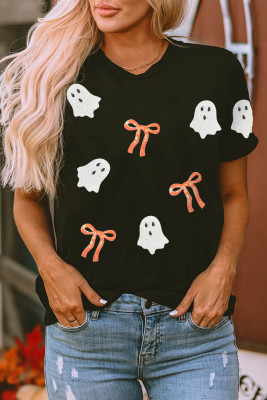Black Sequin Bow Ghost Patched Halloween Graphic Tee LC25229891-2