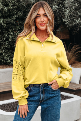 Yellow Cream Embroidered Flower Patchwork Snap Buttons Pullover Sweatshirt LC25319533-P107