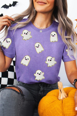 Wisteria Glitter Trim Chenille Ghost Patched Halloween Graphic Tee LC25229895-P208