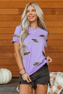 Wisteria Sequin Halloween Bat Patched Casual T Shirt LC25229845-P208