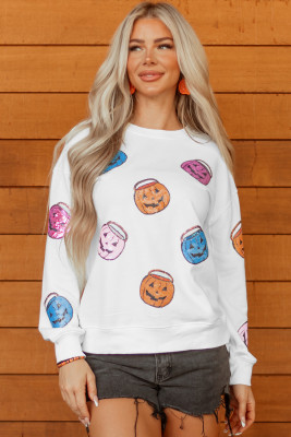 White Halloween Pumpkin Lantern Sequin Patched Sweatshirt LC25320166-15