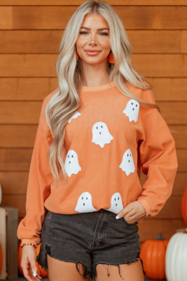 Orange Twisted Ribbed Texture Halloween Ghost Sequin Patched Sweatshirt LC25320363-2014