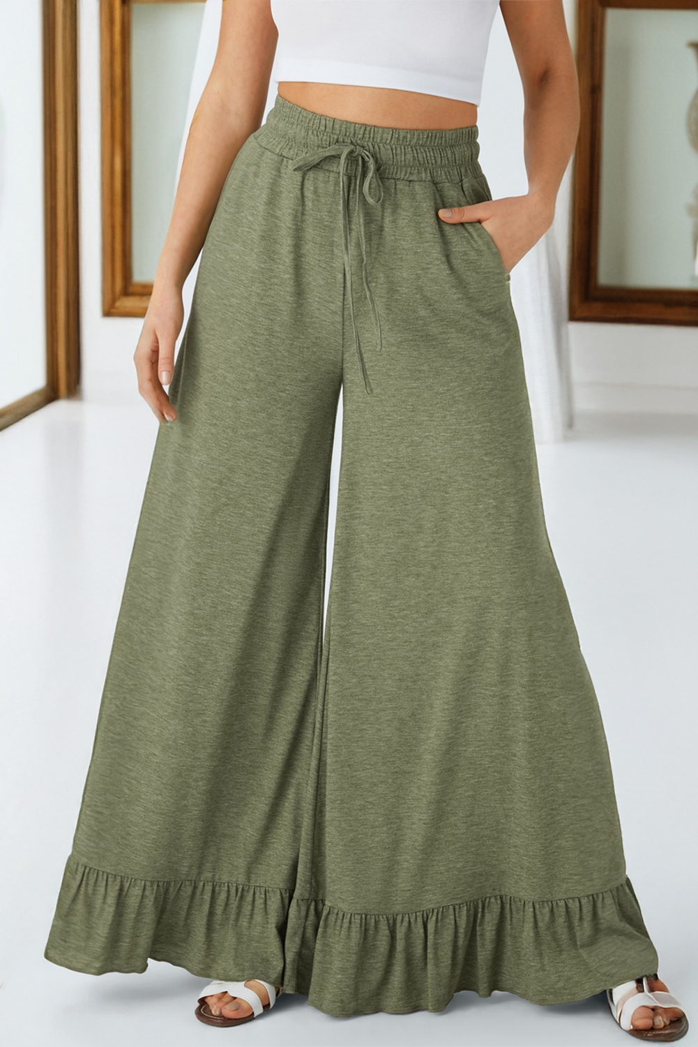 US$ 9.3 Drop-shipping Jungle Green Ruffled Wide Leg Pull On High Waist ...