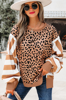 Khaki Stripe Color Block Patchwork Leopard Casual Sweatshirt with Slits LC25319761-P1619