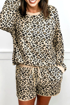 Brown Leopard Print Contrast Trim Long Sleeve Pullover Drawstring Shorts 2pcs Outfit LC628156-P1720