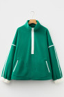 Dark Green Half Zip Contrast Trim Pocketed Plus Size Fleece Sweatshirt