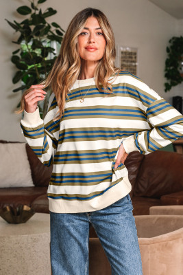 Khaki Stripe Crew Neck Drop Shoulder Pullover Sweatshirt LC25319597-P1619