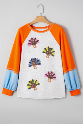 Light Grey Thanksgiving Turkey Sequin Graphic Color Block Long Raglan Sleeve Top LC25134641-P1011