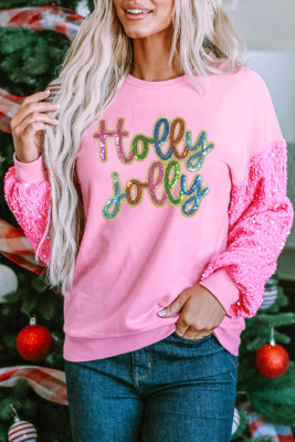 Pink Holly Jolly Sequin Letter Graphic Drop Shoulder Patchwork Long Sleeve Top LC25134647-P10