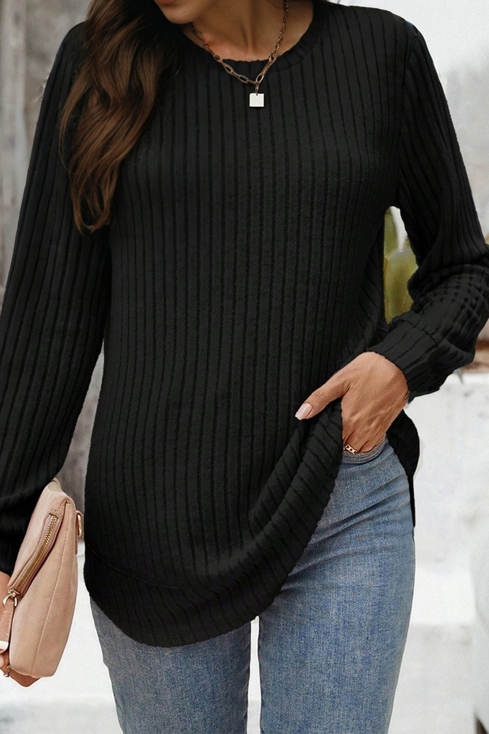 US$ 7.91 Drop-shipping Black Ribbed Texture Round Neck Long Sleeve ...