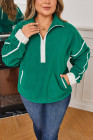 Dark Green Half Zip Contrast Trim Pocketed Plus Size Fleece Sweatshirt