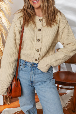 Beige Button Front Cropped Cardigan Sweater LC2712568-P15