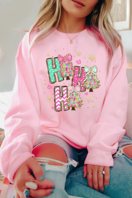 Pink HO HO HO Christmas Tree Graphic Pullover Sweatshirt LC25320912-10