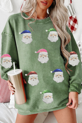 Grass Green Corded Ribbed Sequin Patched Santa Claus Graphic Sweatshirt LC25320679-P1109