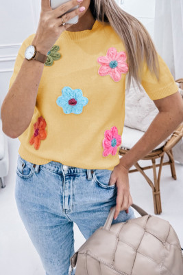 Yellow Cream Cute Flower Applique Short Sleeve Sweater LC277403-P107