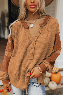 Orange Contrast Patched Exposed Seam Waffle Knit Henley Top LC25122090-14