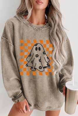 Khaki Checkerboard Floral Ghost Graphic Corded Halloween Sweatshirt LC25318558-16