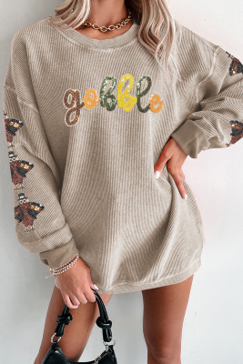 Smoke Gray Corded Ribbed Thanksgiving Turkey Sequin Patched Sleeve gobble Baggy Sweatshirt LC25320675-P7016