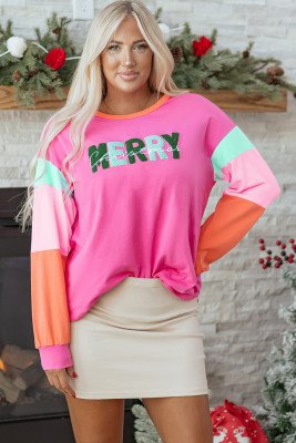 Rose Red Chenille MERRY Christmas Patched Colorblock Long Sleeve Top LC25226945-P622