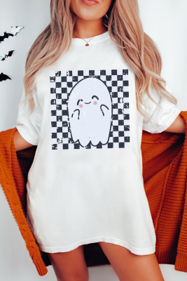 White Checkered Ghost Print Crew Neck Oversized T Shirt LC25226913-P101