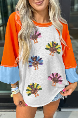 Light Grey Thanksgiving Turkey Sequin Graphic Color Block Long Raglan Sleeve Top LC25134641-P1011