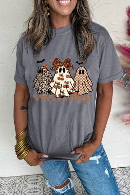Gray Cute Halloween Ghost Printed Womens Casual Tee LC25229957-11