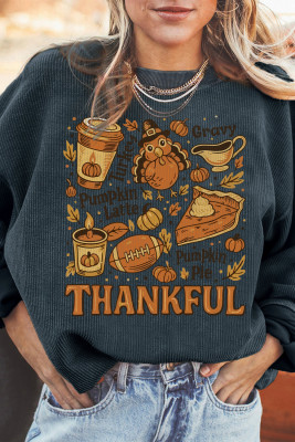 Dark Grey Twisted Ribbed THANKFUL Fall Fashion Printed Baggy Sweatshirt LC25320831-P2011