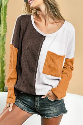 Brown Color Block Patchwork Chest Pocket Long Sleeve Top LC25122646-17