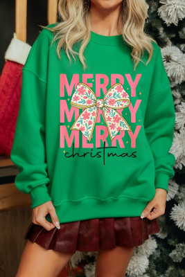 Dark Green MERRY Christmas Floral Bow Graphic Drop Shoulder Sweatshirt LC25320996-P209