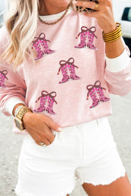 Pink Stripe Cowgirl Boots Sequin Pattern Round Neck Long Sleeve T Shirt LC25230371-P1019