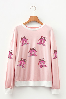 Pink Stripe Cowgirl Boots Sequin Pattern Round Neck Long Sleeve T Shirt LC25230371-P1019