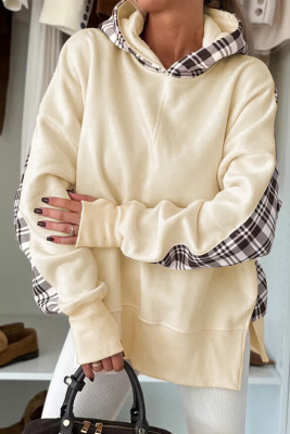 Beige Plaid Patchwork Side Slit Sweatshirt LC25320420-P15