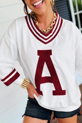Red Dahlia Chenille Letter A Graphic Varsity Striped V Neck Puff Sleeve Sweatshirt LC25320509-P403