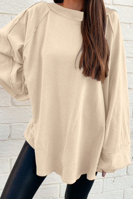 Beige Solid Color Raw Seam Patchwork Baggy Sweatshirt LC25320430-P15