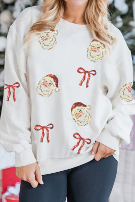 White Corded Rib Sequin Santa Bow Patched Drop Shoulder Graphic Sweatshirt LC25321006-P1