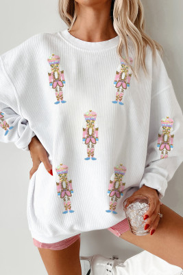 White Corded Rib Sequin Patched Nutcracker Graphic Drop Shoulder Sweatshirt LC25321008-P1