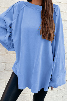 Beau Blue Solid Color Raw Seam Patchwork Baggy Sweatshirt LC25320430-P804
