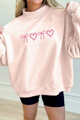 Apricot Pink Valentines Bow Heart Embroidered Mock Neck Sweatshirt LC25321031-P2010