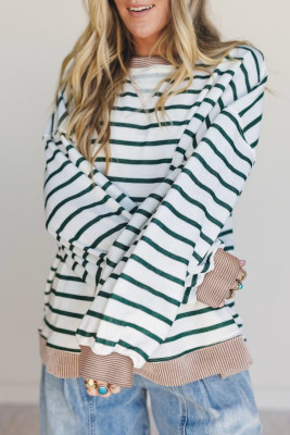 White Stripe Twisted Ribbed Patchwork Drop Shoulder Round Neck Sweatshirt LC25320729-P119