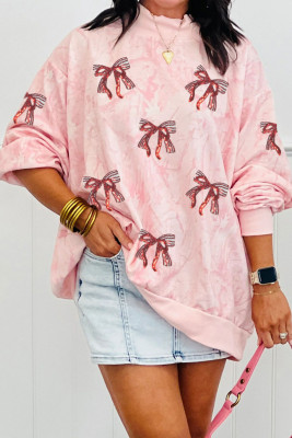 Pink Sequin Valentines Bow Patched Tie Dye Mock Neck Baggy Sweatshirt LC25321053-P1020