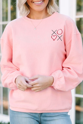 Pink 3d Ribbed XOXO Heart Embroidered Drop Shoulder Sweatshirt LC25320690-P10