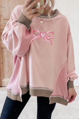 Light Pink Heart Bow Embroidered Exposed Seam Color Block Waffled Patchwork Sweatshirt LC25321098-P1010