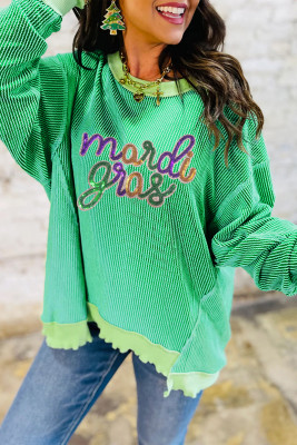 Bright Green Twisted Ribbed mardi gras Sequin Graphic Exposed Seam Patchwork Pullover Top LC25136542-P109