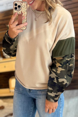 Apricot Camo Print Patchwork Sleeve Raw Hem Plus Size Sweatshirt PL2514841-P18