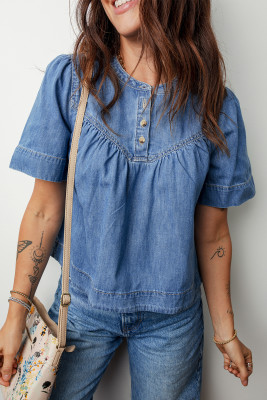 Beau Blue Seam Pleated Detail Half Button Short Sleeve Denim Top LC7821568-P804