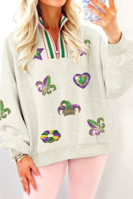 Light Grey Mardi Gras Elements Sequin Patched Striped Patchwork Zip Neck Pullover Sweatshirt LC25321103-P1011