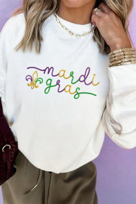 White mardi gras Fleur De Lis Embroidered Graphic Pullover Sweatshirt LC25321116-15
